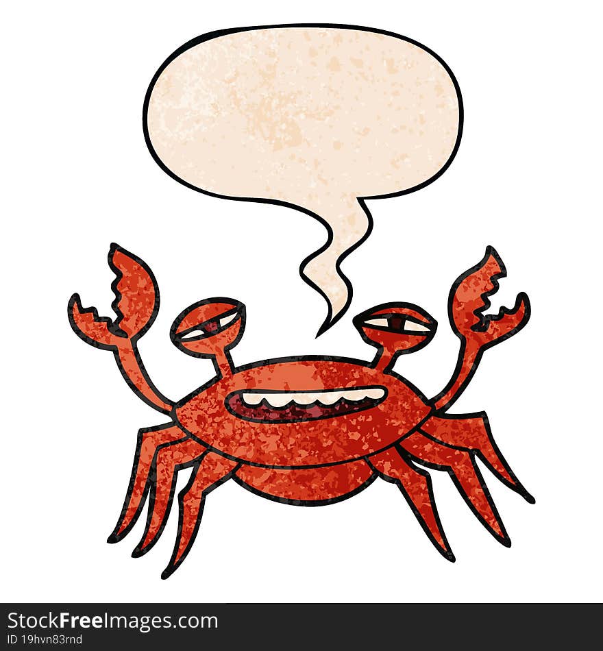 cartoon crab and speech bubble in retro texture style