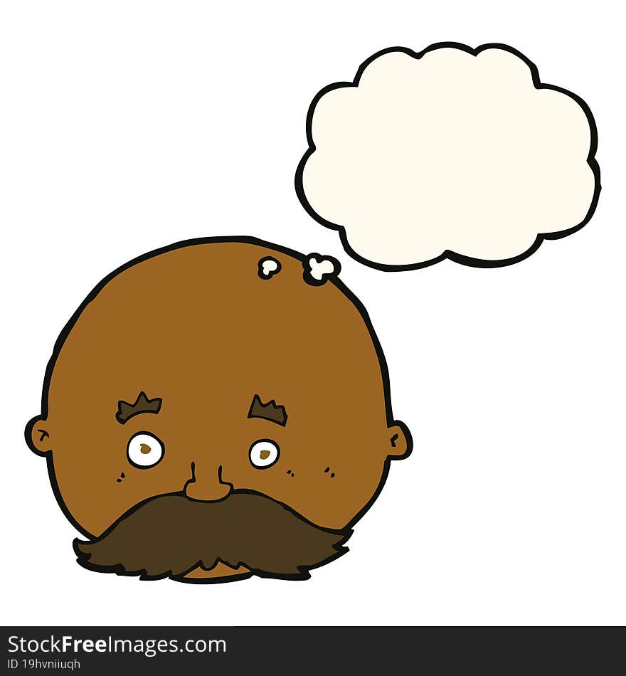 cartoon bald man with mustache with thought bubble