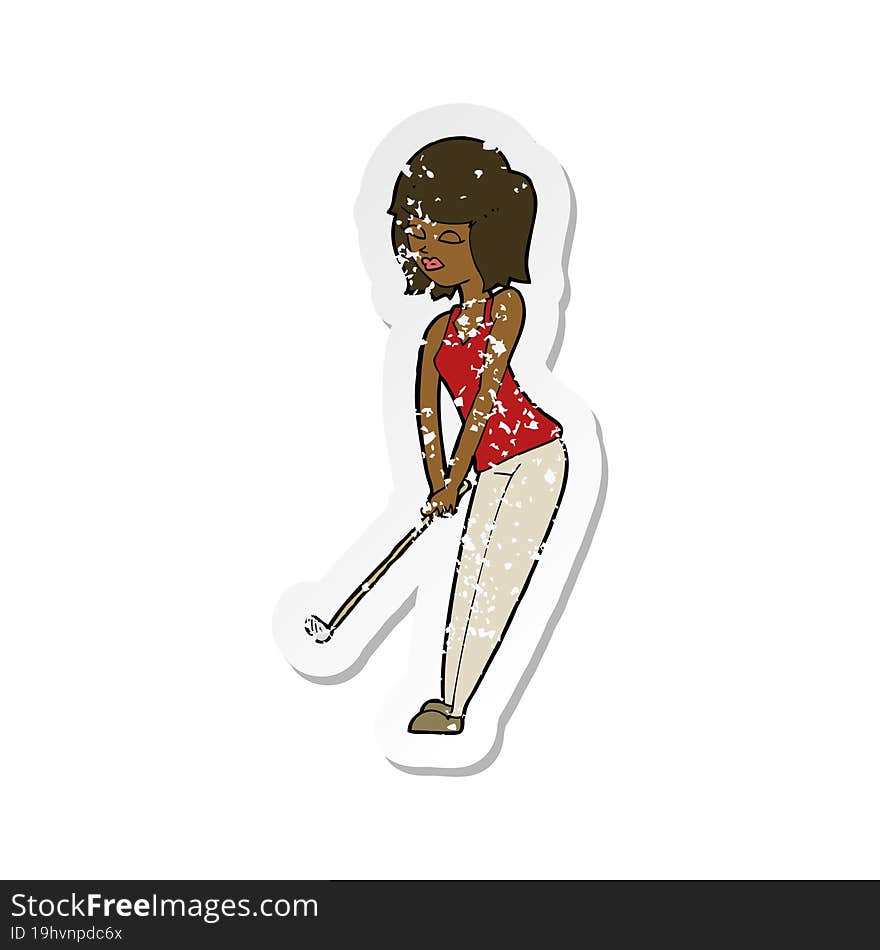 retro distressed sticker of a cartoon woman playing golf