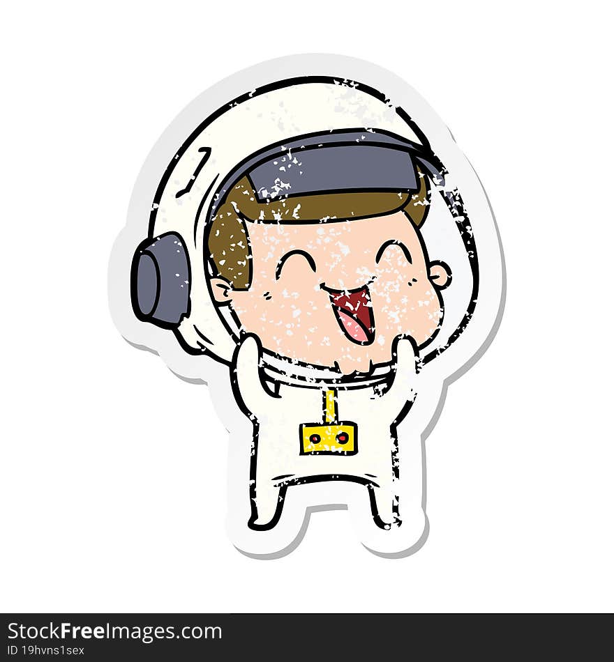 distressed sticker of a happy cartoon astronaut