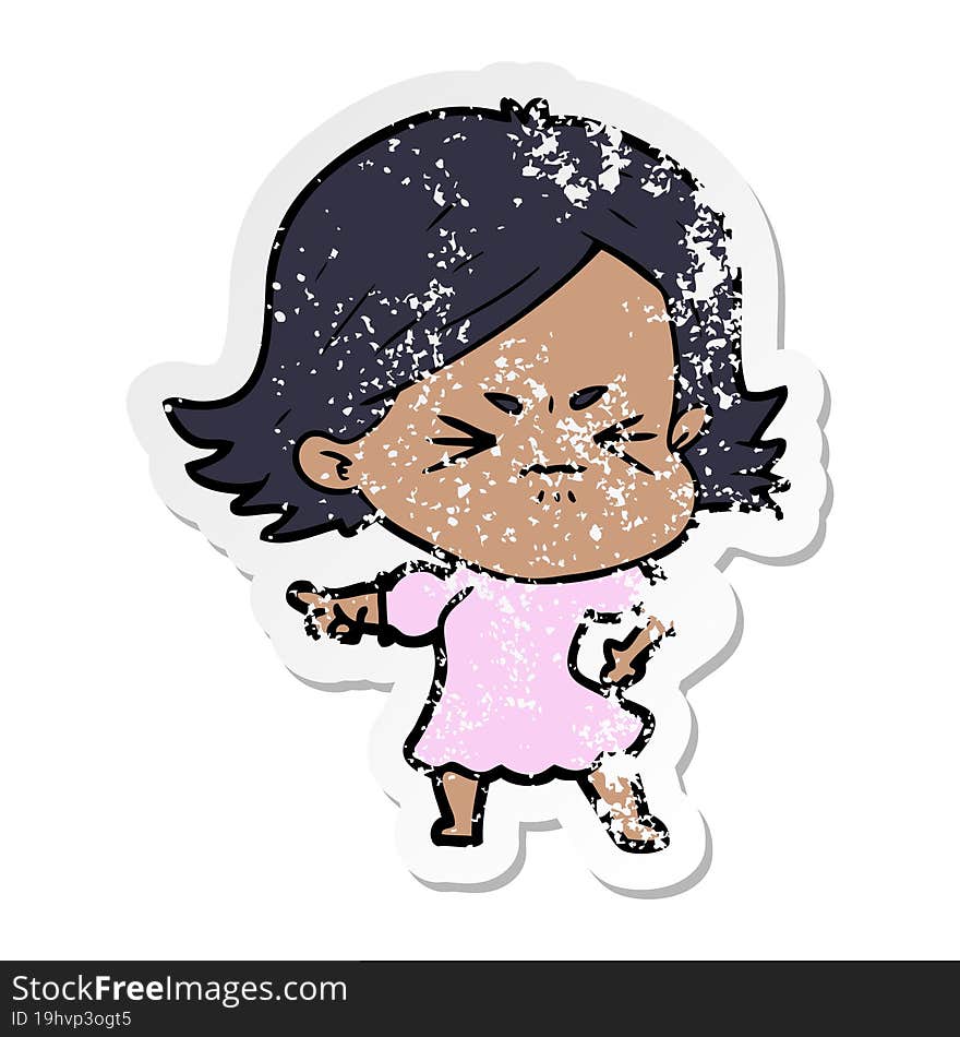 distressed sticker of a cartoon angry woman