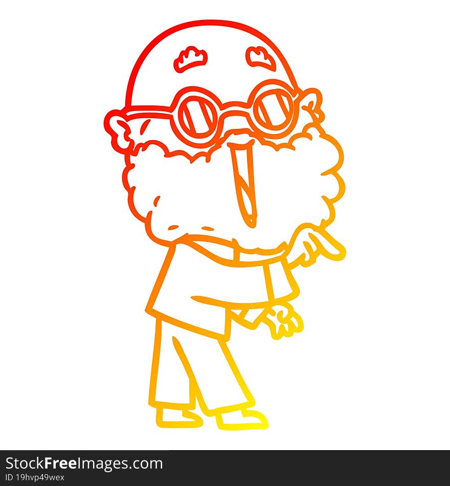 warm gradient line drawing of a cartoon joyful man with beard pointing finger