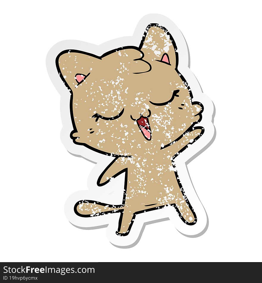 distressed sticker of a happy cartoon cat