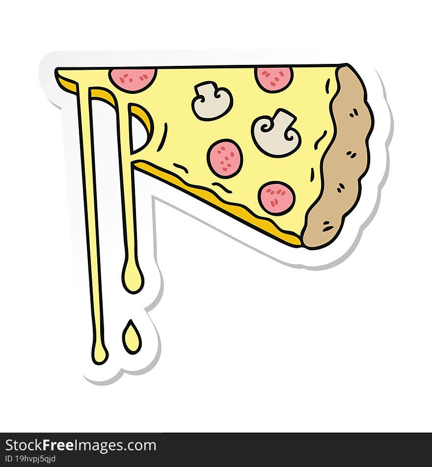 Sticker Of A Quirky Hand Drawn Cartoon Cheesy Pizza