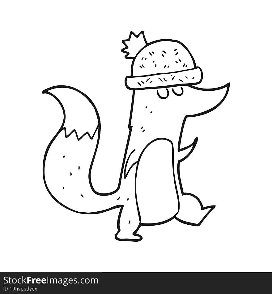 black and white cartoon little wolf wearing hat