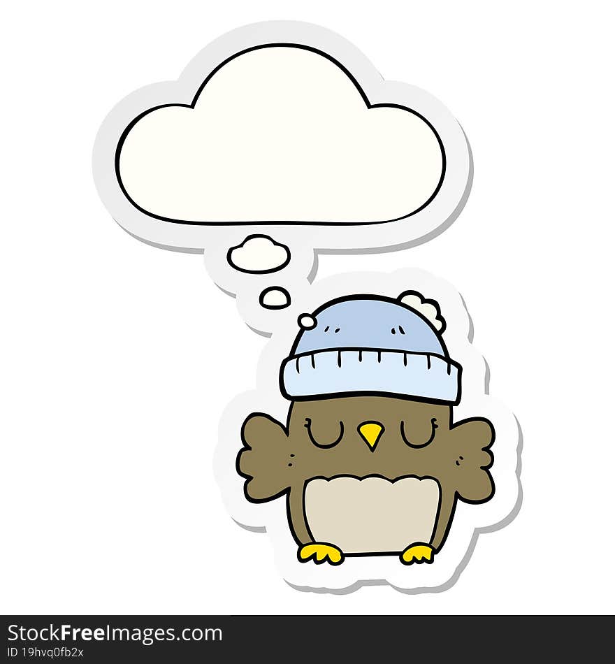 cute cartoon owl in hat and thought bubble as a printed sticker