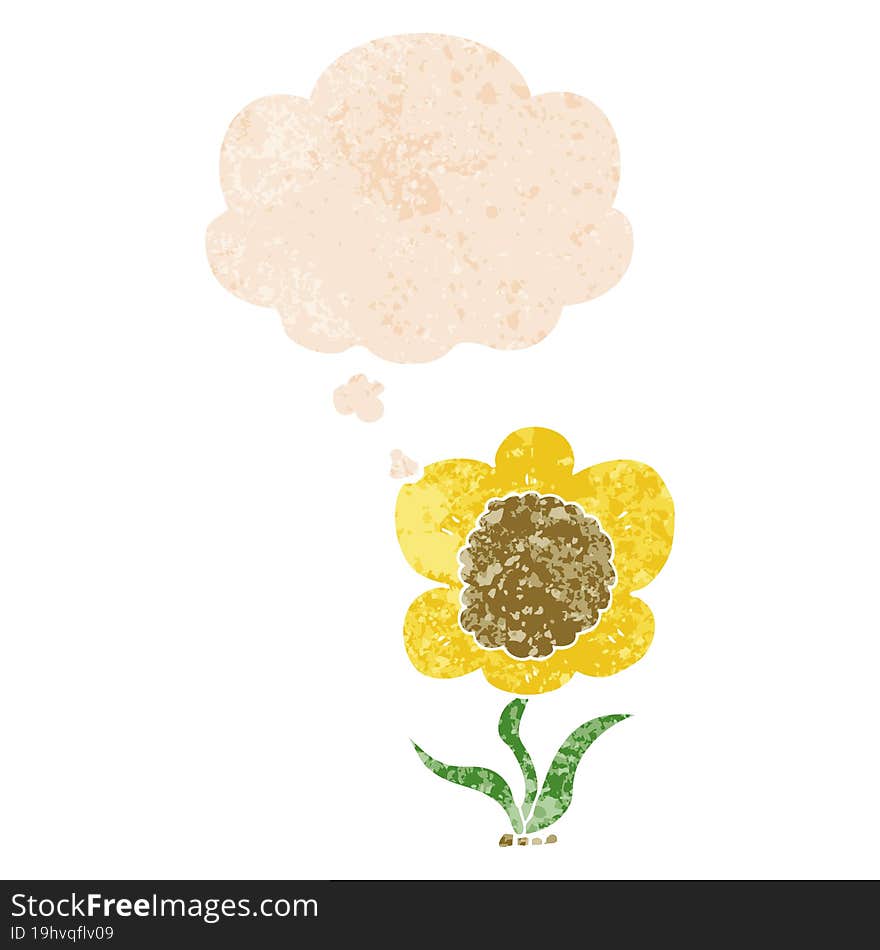 Cartoon Flower And Thought Bubble In Retro Textured Style