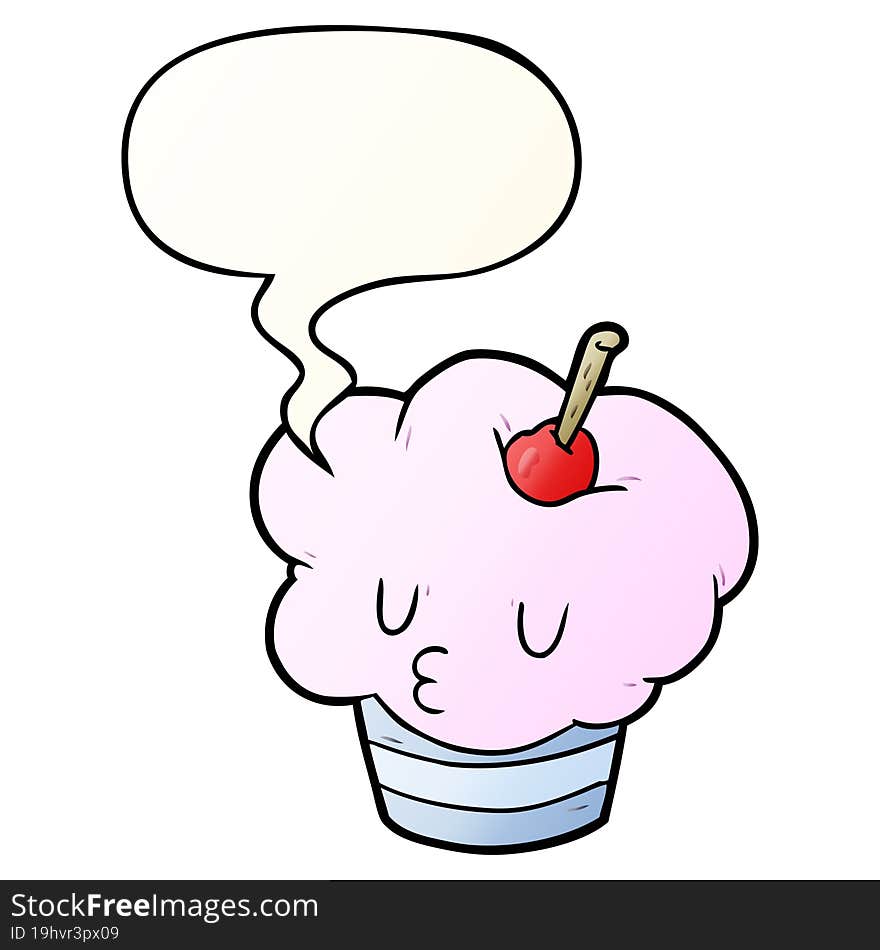 funny cartoon cupcake and speech bubble in smooth gradient style