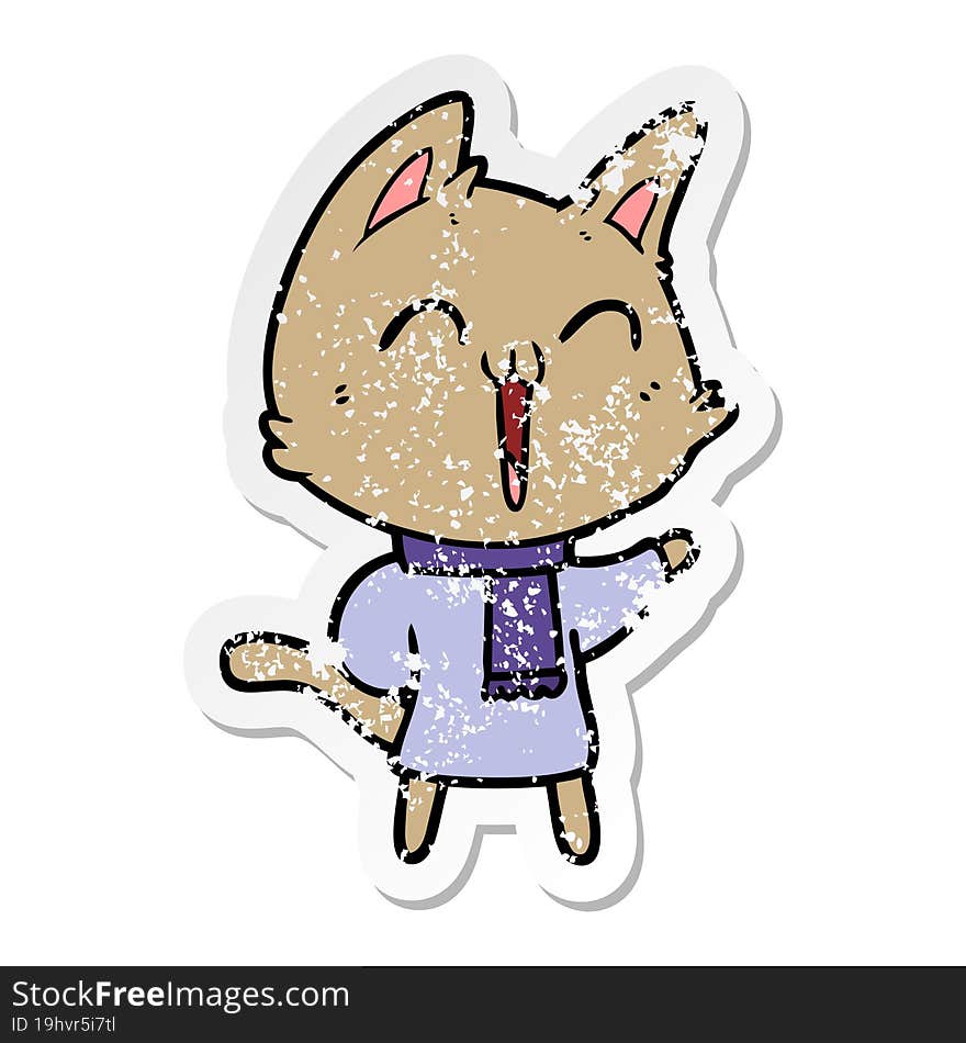 distressed sticker of a happy cartoon cat