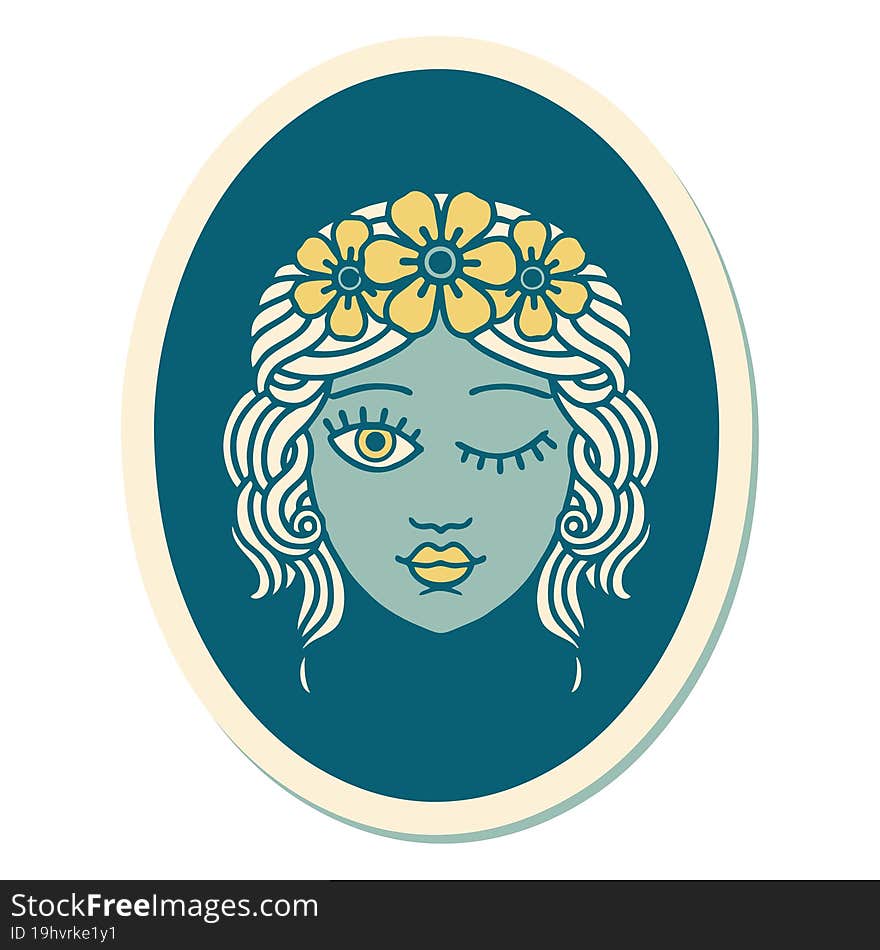 sticker of tattoo in traditional style of a maiden with crown of flowers winking. sticker of tattoo in traditional style of a maiden with crown of flowers winking