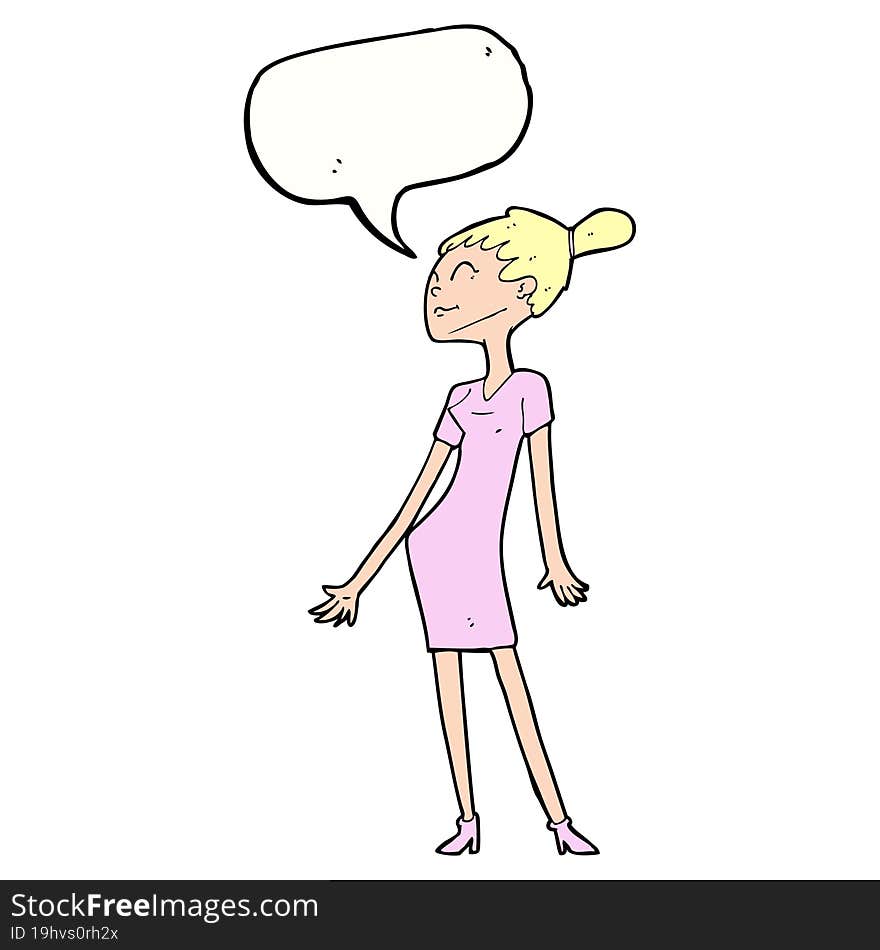 cartoon woman in dress with speech bubble