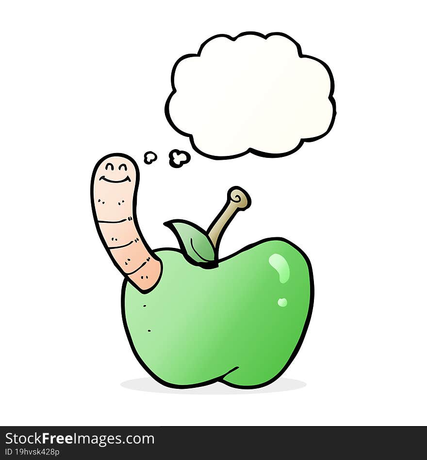 cartoon apple with worm with thought bubble