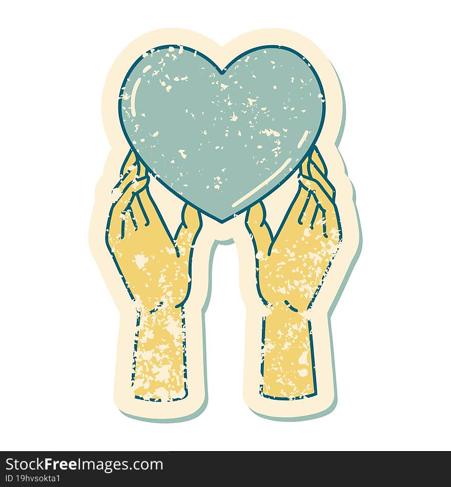 distressed sticker tattoo style icon of a hands reaching for a heart