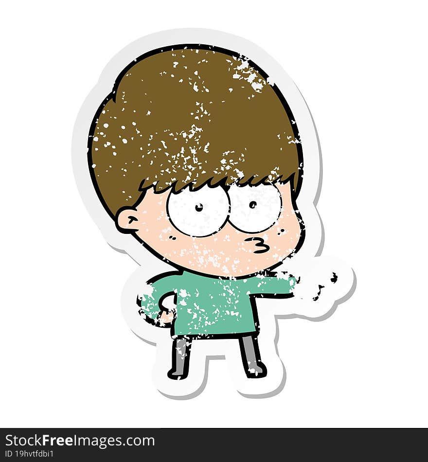 distressed sticker of a nervous cartoon boy