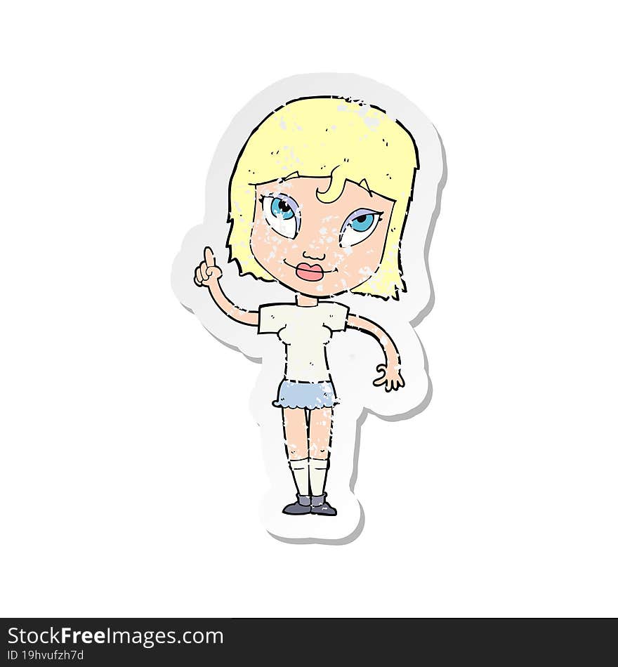 Retro Distressed Sticker Of A Cartoon Woman With Idea