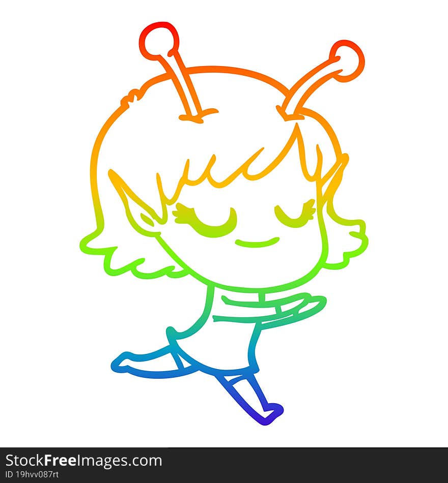 rainbow gradient line drawing smiling alien girl cartoon