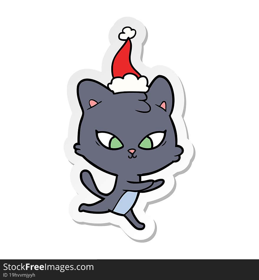 cute hand drawn sticker cartoon of a cat wearing santa hat. cute hand drawn sticker cartoon of a cat wearing santa hat