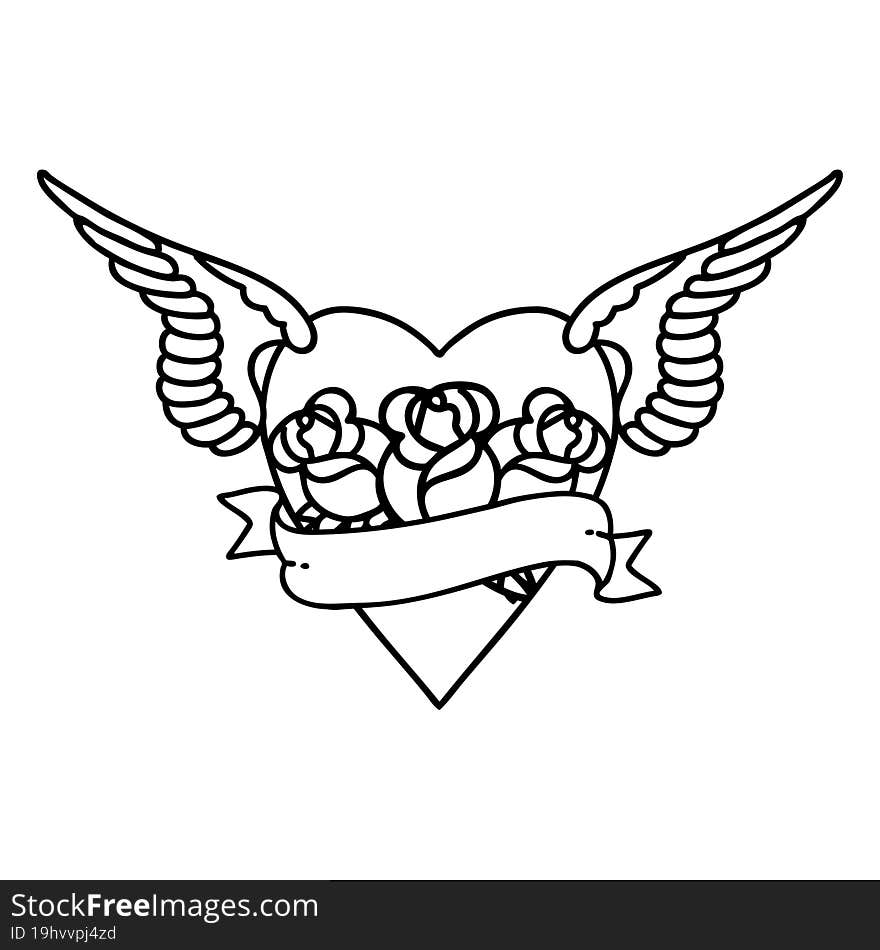 tattoo in black line style of heart with wings flowers and banner. tattoo in black line style of heart with wings flowers and banner