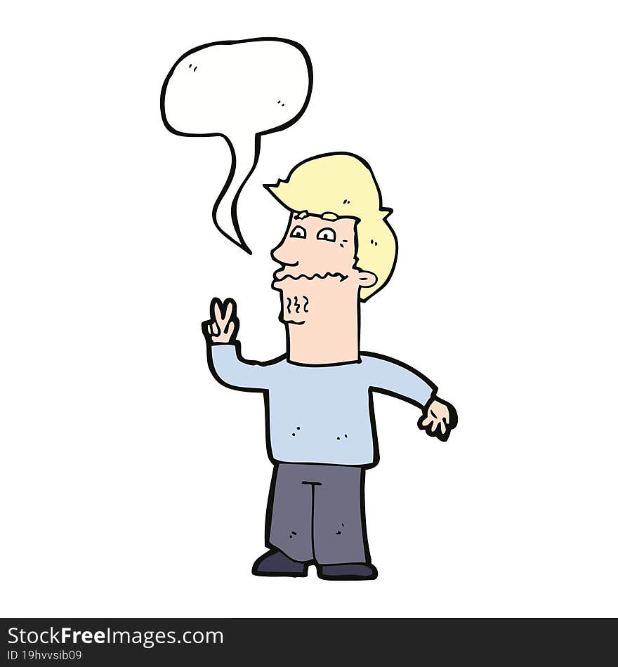 cartoon man giving peace sign with speech bubble