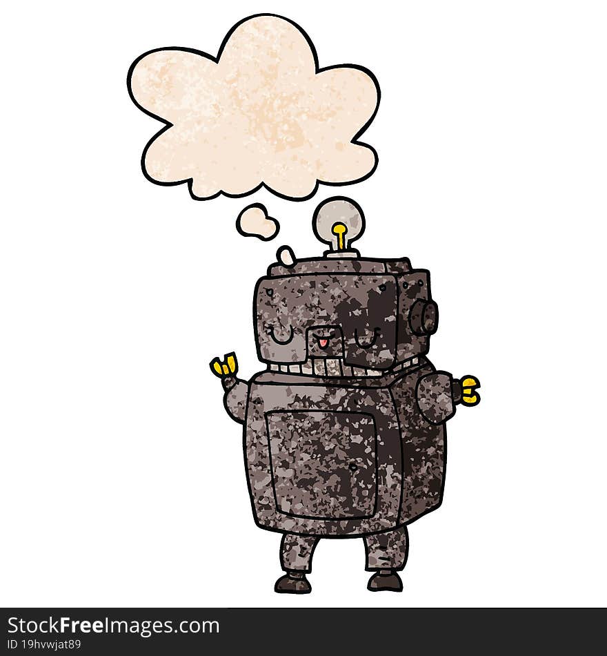 cartoon robot and thought bubble in grunge texture pattern style