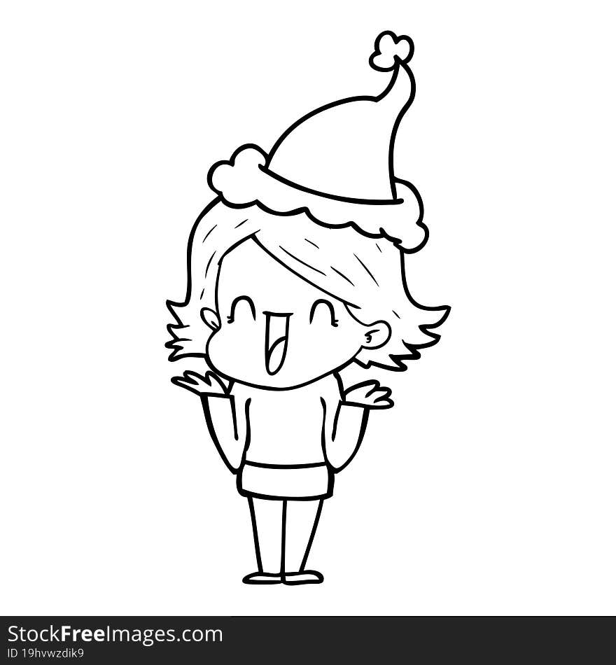 line drawing of a happy woman wearing santa hat