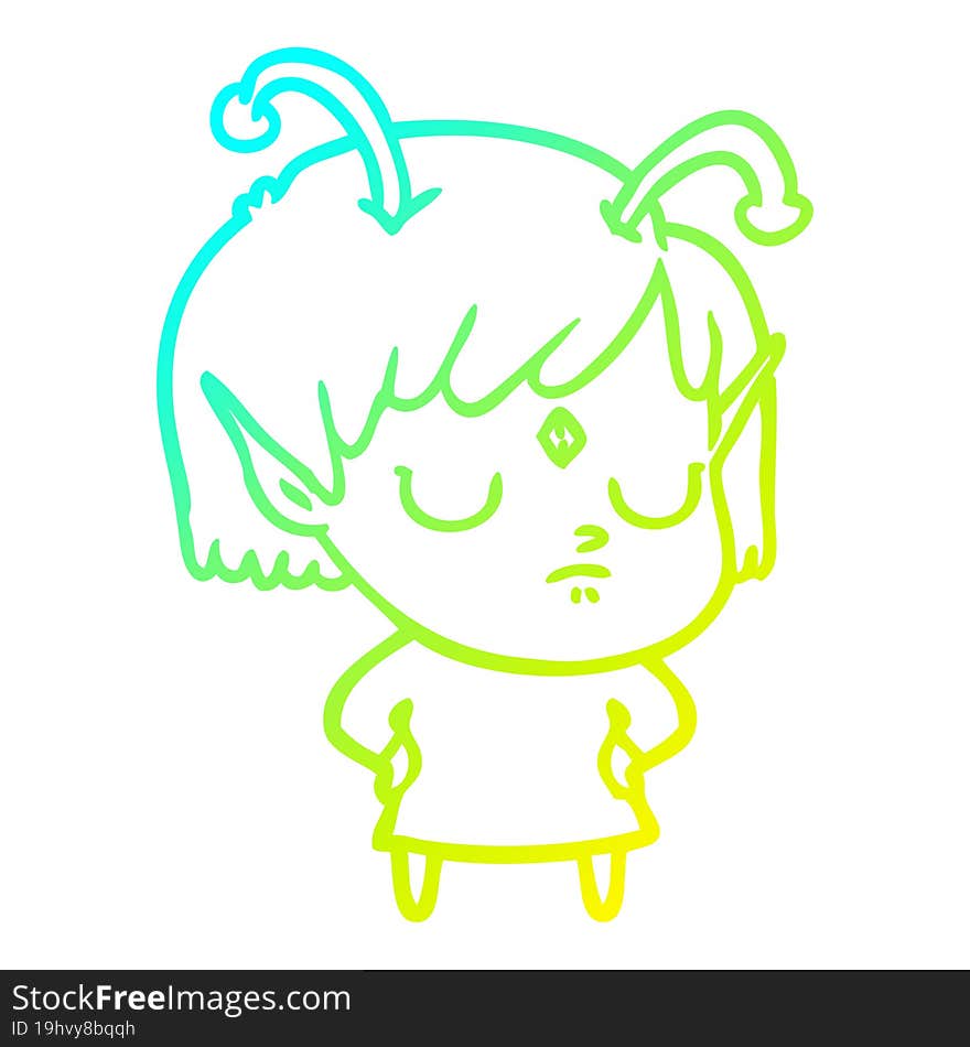 cold gradient line drawing of a cartoon alien girl