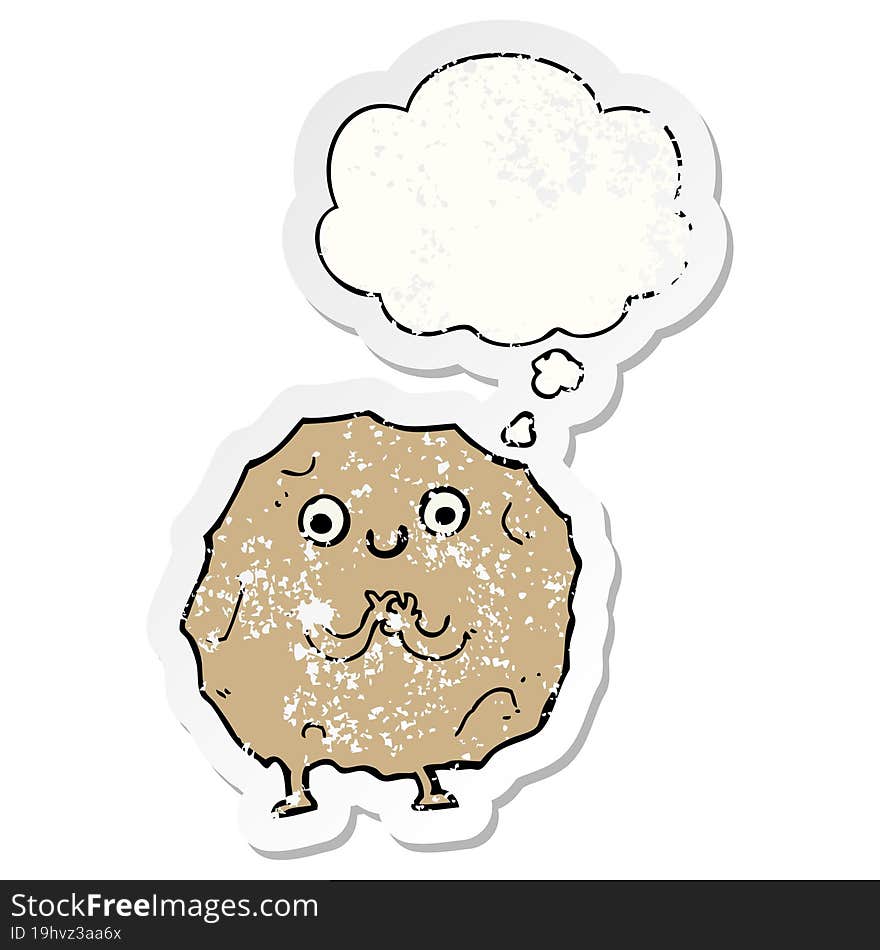 cartoon rock character and thought bubble as a distressed worn sticker