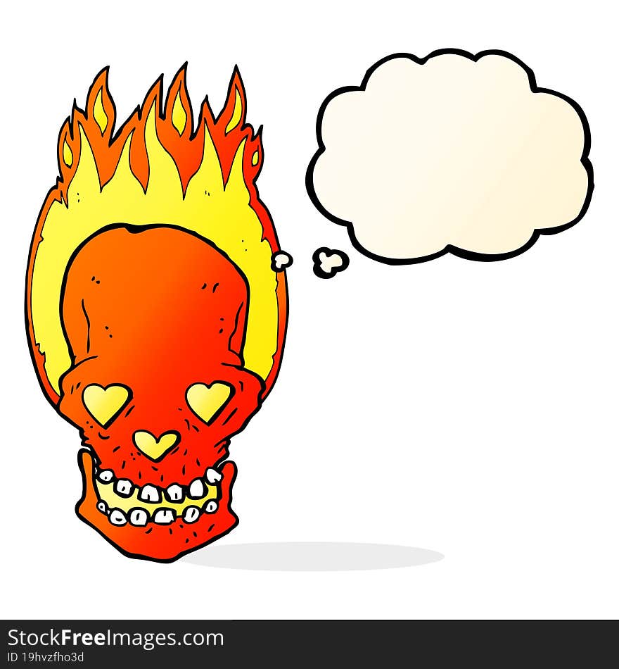 cartoon flaming skull with love heart eyes with thought bubble