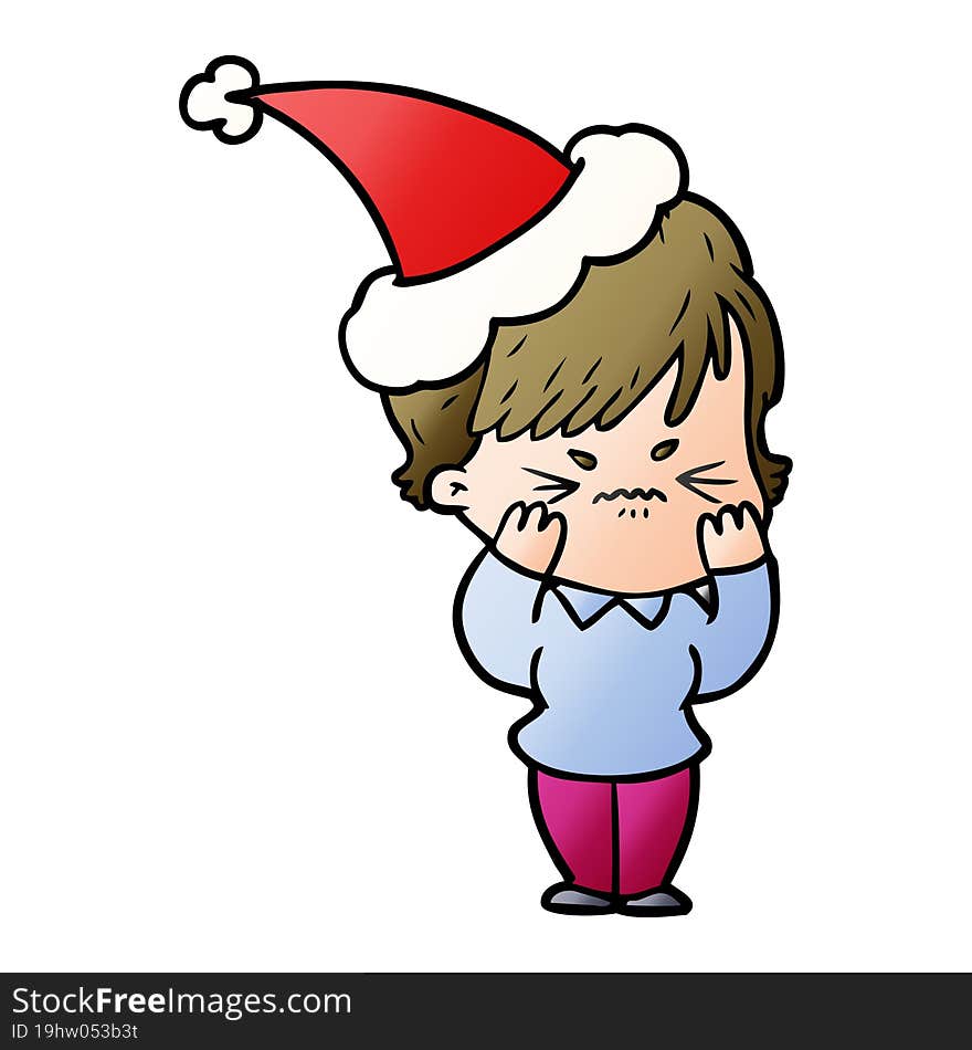 hand drawn gradient cartoon of a frustrated woman wearing santa hat