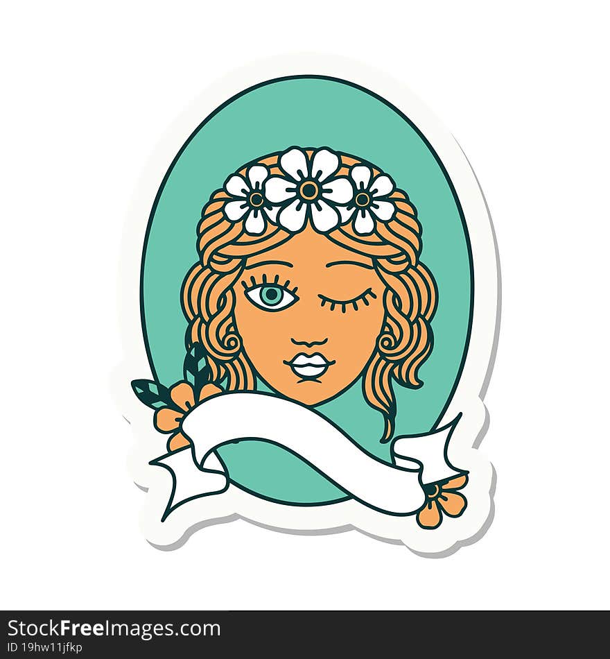 tattoo sticker with banner of a maiden with crown of flowers winking