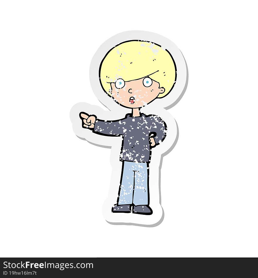 Retro Distressed Sticker Of A Cartoon Pointing Boy