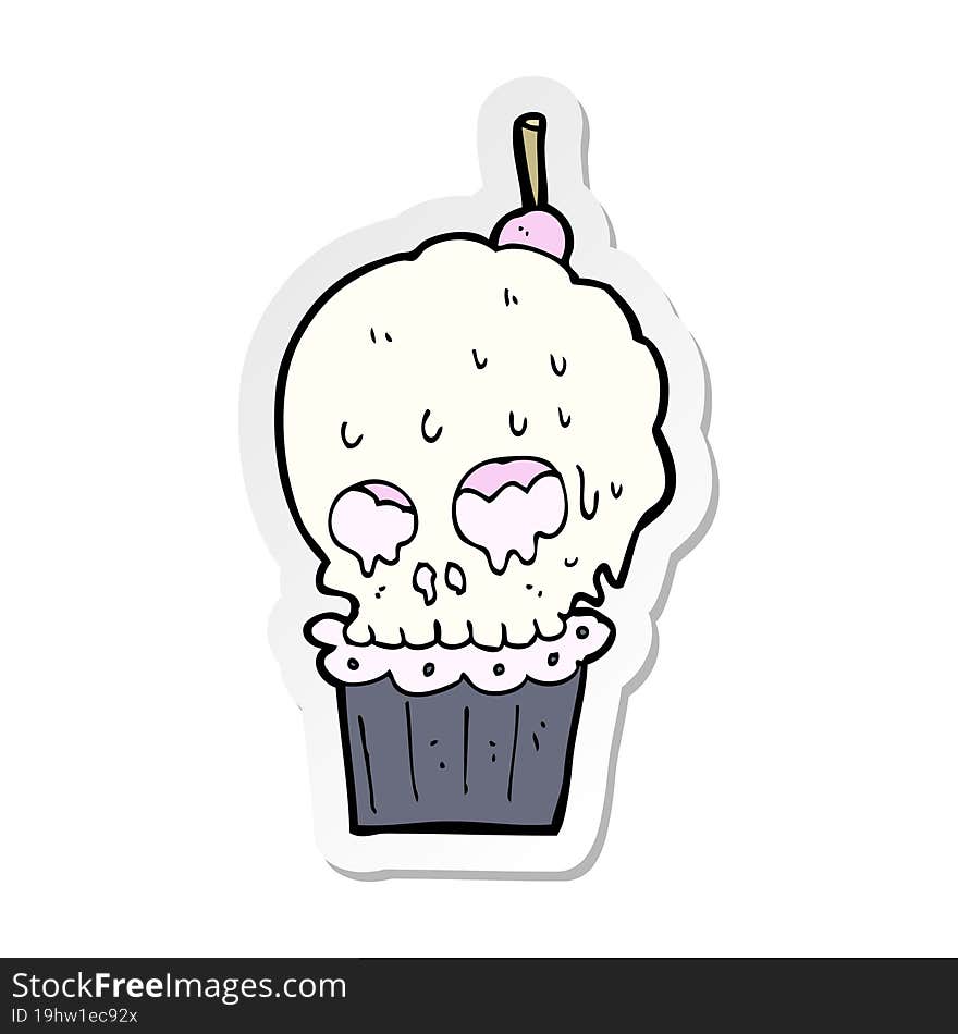 sticker of a cartoon spooky skull cupcake