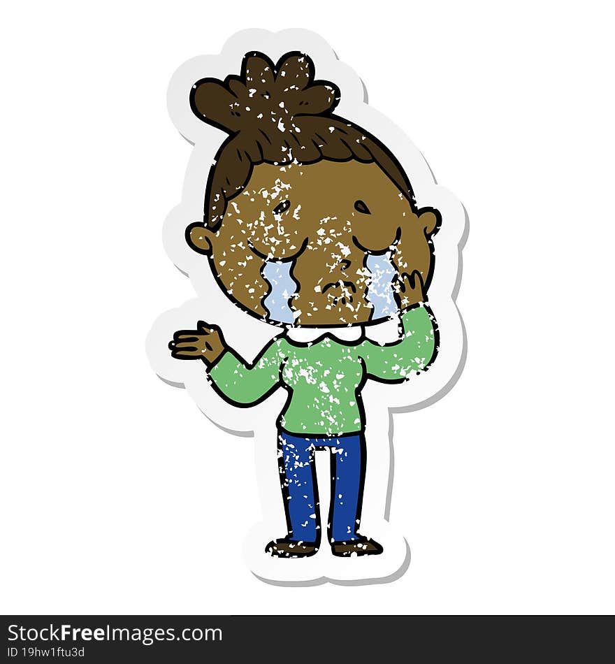 distressed sticker of a cartoon crying woman