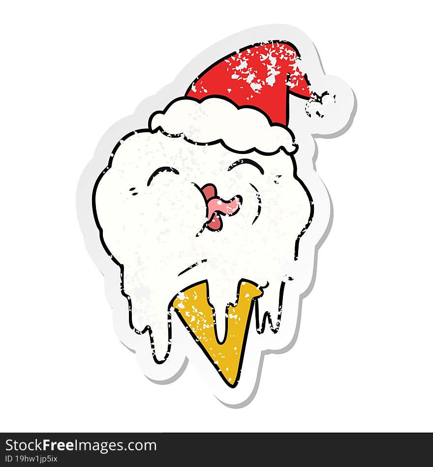 Distressed Sticker Cartoon Of A Melting Ice Cream Wearing Santa Hat