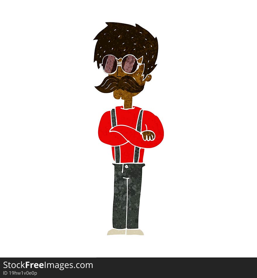 cartoon hipster man with mustache and spectacles