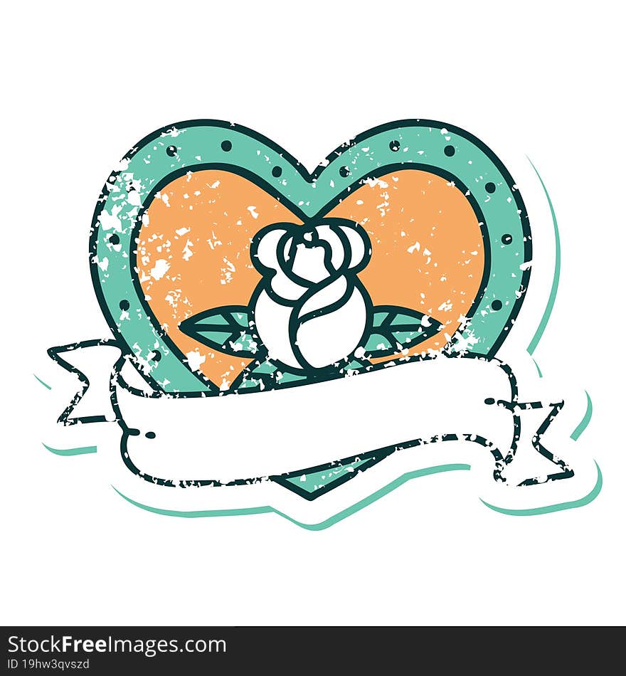 iconic distressed sticker tattoo style image of a heart rose and banner. iconic distressed sticker tattoo style image of a heart rose and banner