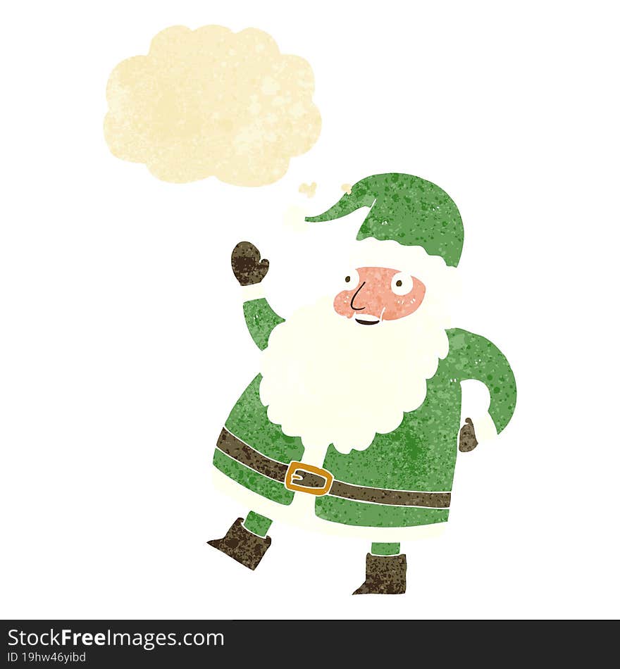 funny waving santa claus cartoon with thought bubble