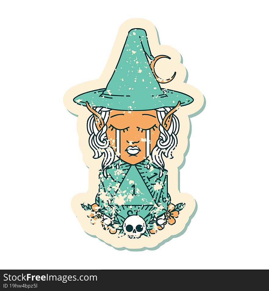 crying elf witch with natural one D20 roll illustration