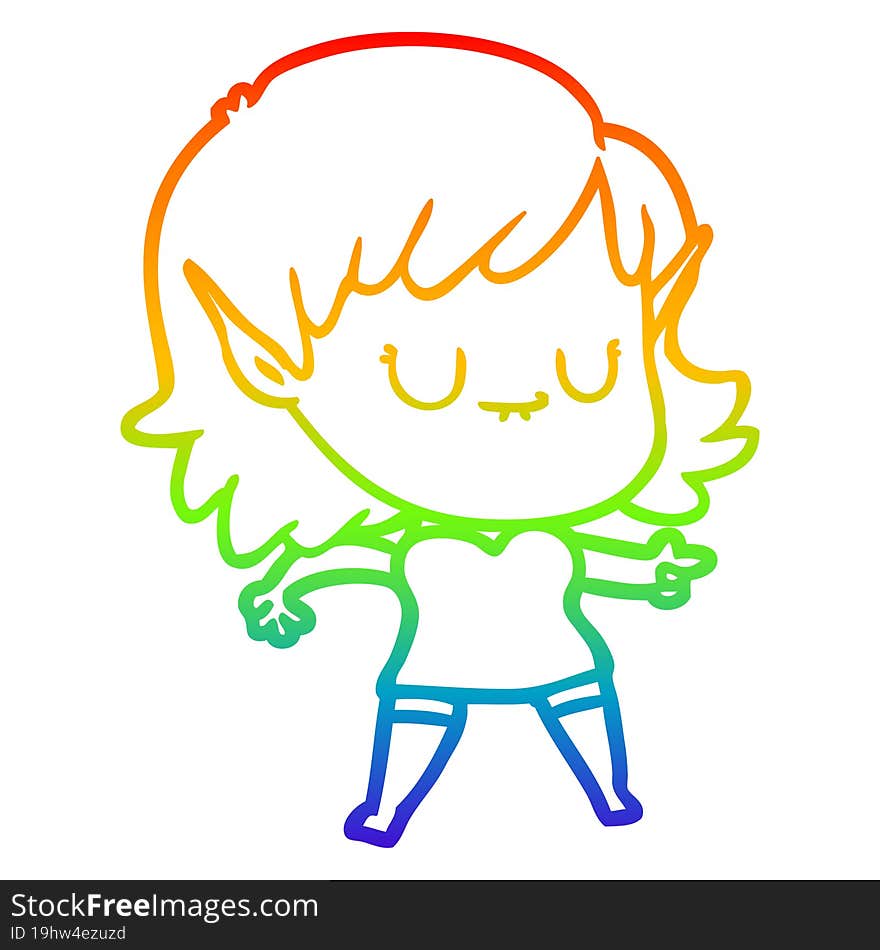 Rainbow Gradient Line Drawing Happy Cartoon Elf Girl