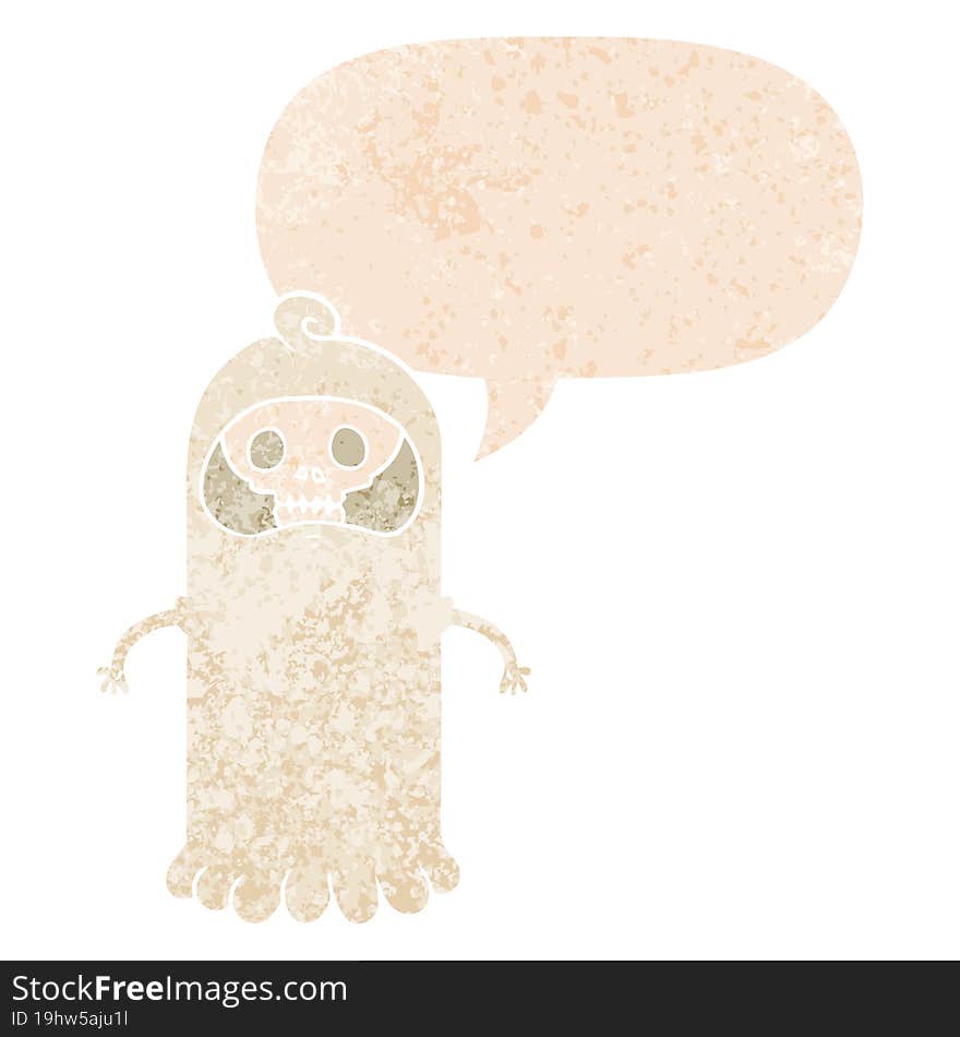 cartoon spooky skull ghost and speech bubble in retro textured style