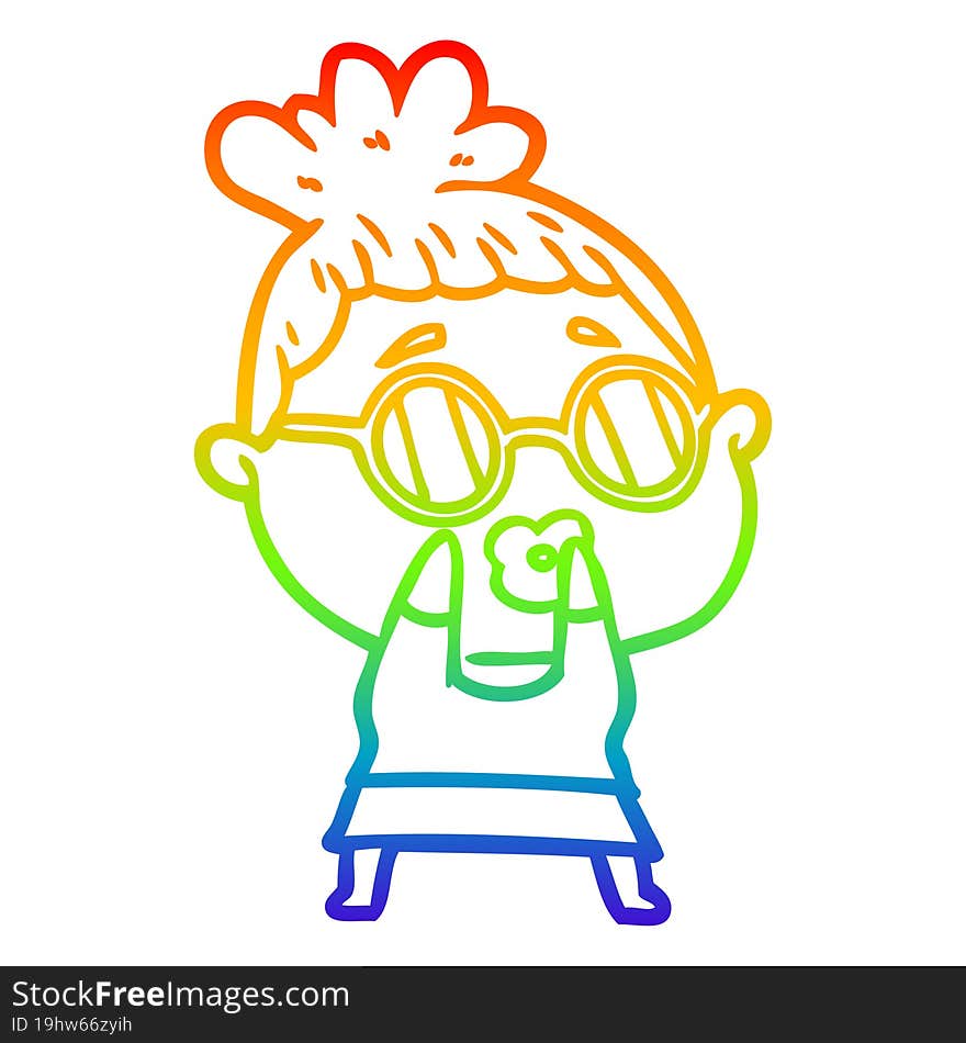 rainbow gradient line drawing of a cartoon woman wearing spectacles