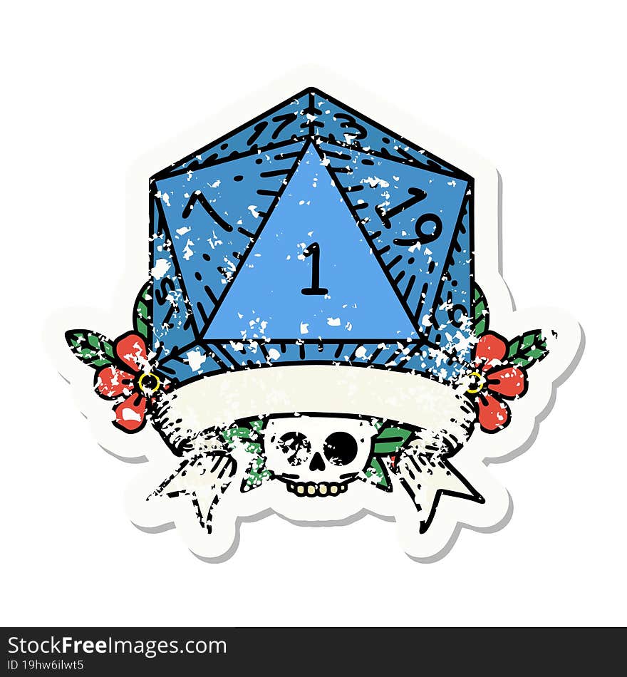 grunge sticker of a natural one d20 dice roll. grunge sticker of a natural one d20 dice roll