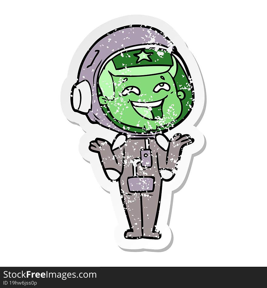 distressed sticker of a cartoon laughing astronaut