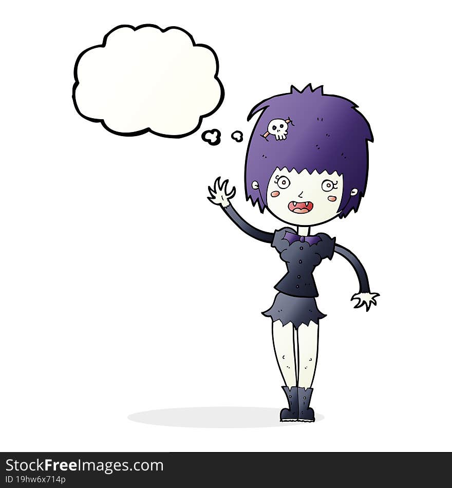 cartoon waving vampire girl with thought bubble