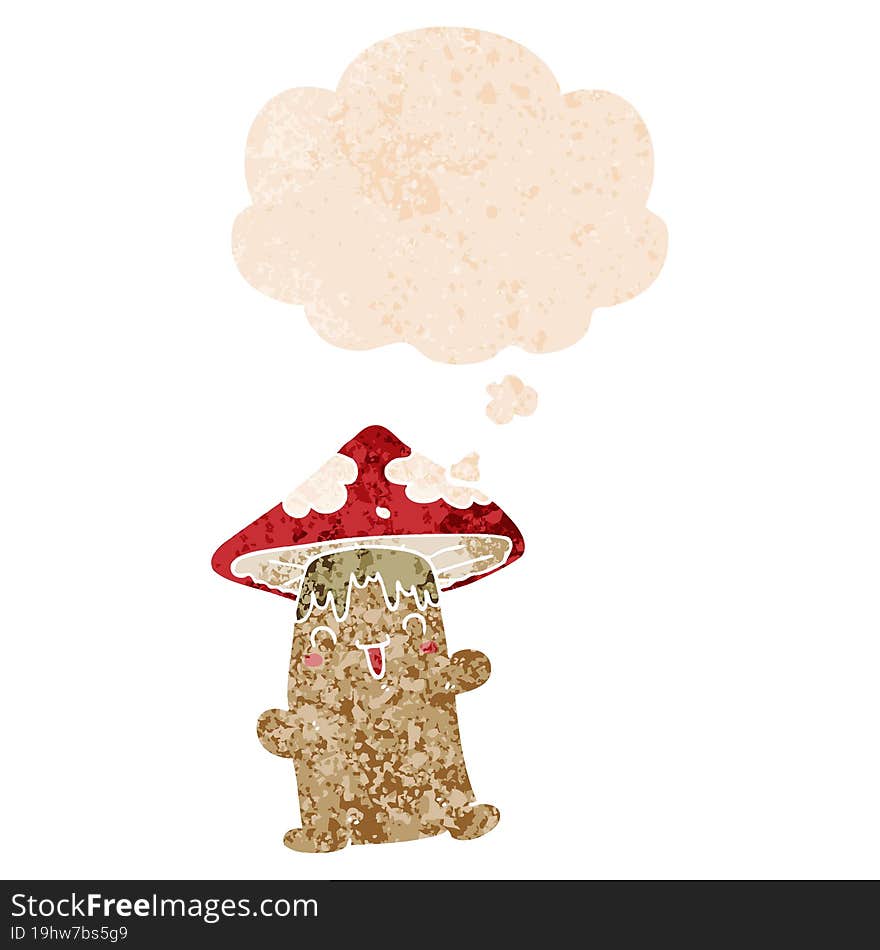 cartoon mushroom character and thought bubble in retro textured style