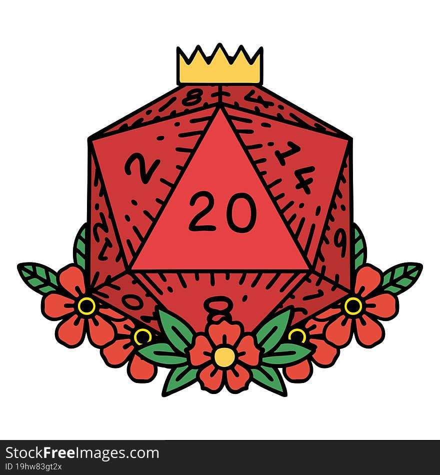 Natural 20 D20 Dice Roll With Floral Elements Illustration