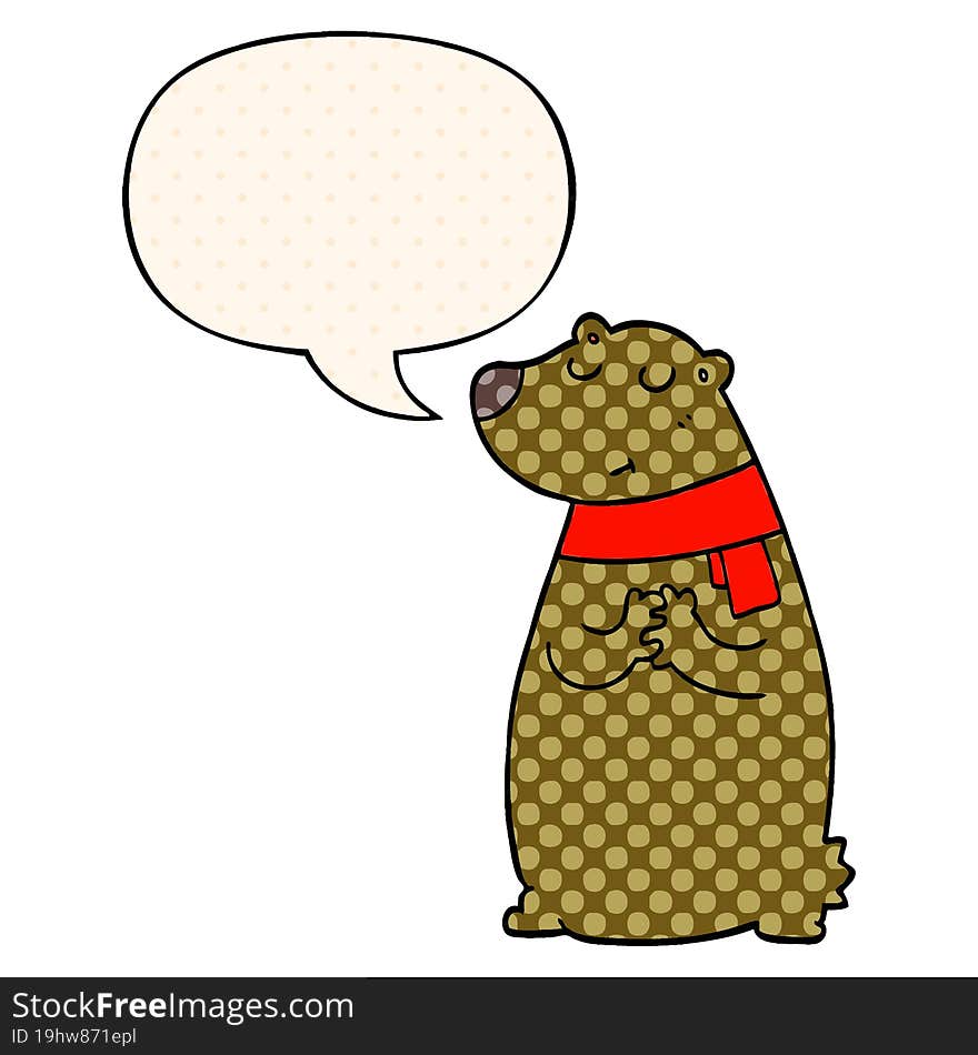 cartoon bear wearing scarf and speech bubble in comic book style