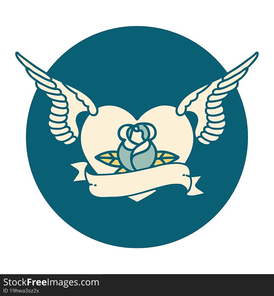 iconic tattoo style image of a flying heart with flowers and banner. iconic tattoo style image of a flying heart with flowers and banner