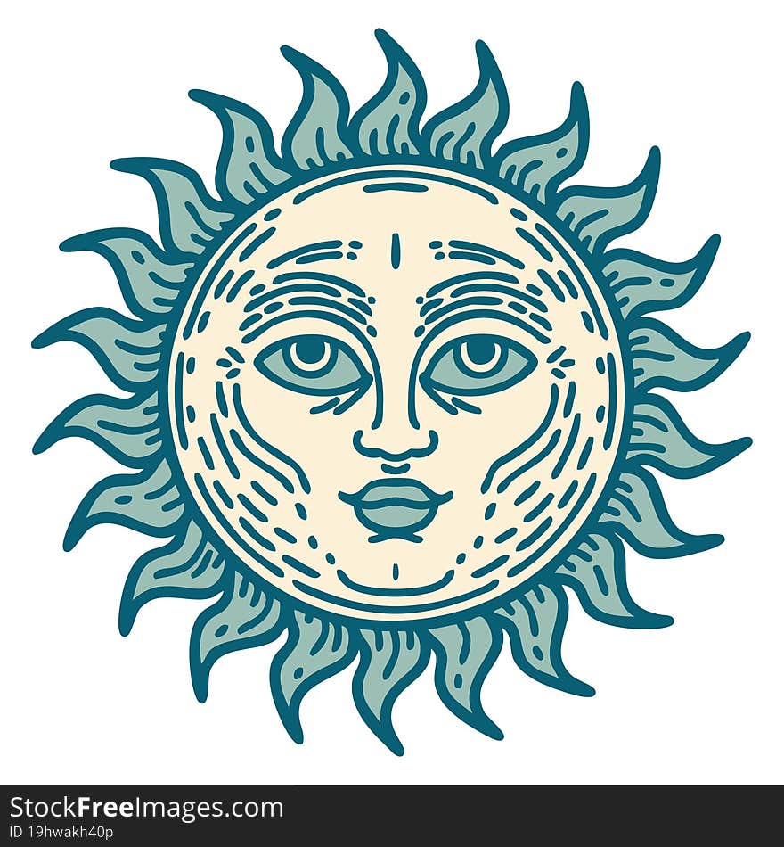 iconic tattoo style image of a sun with face. iconic tattoo style image of a sun with face