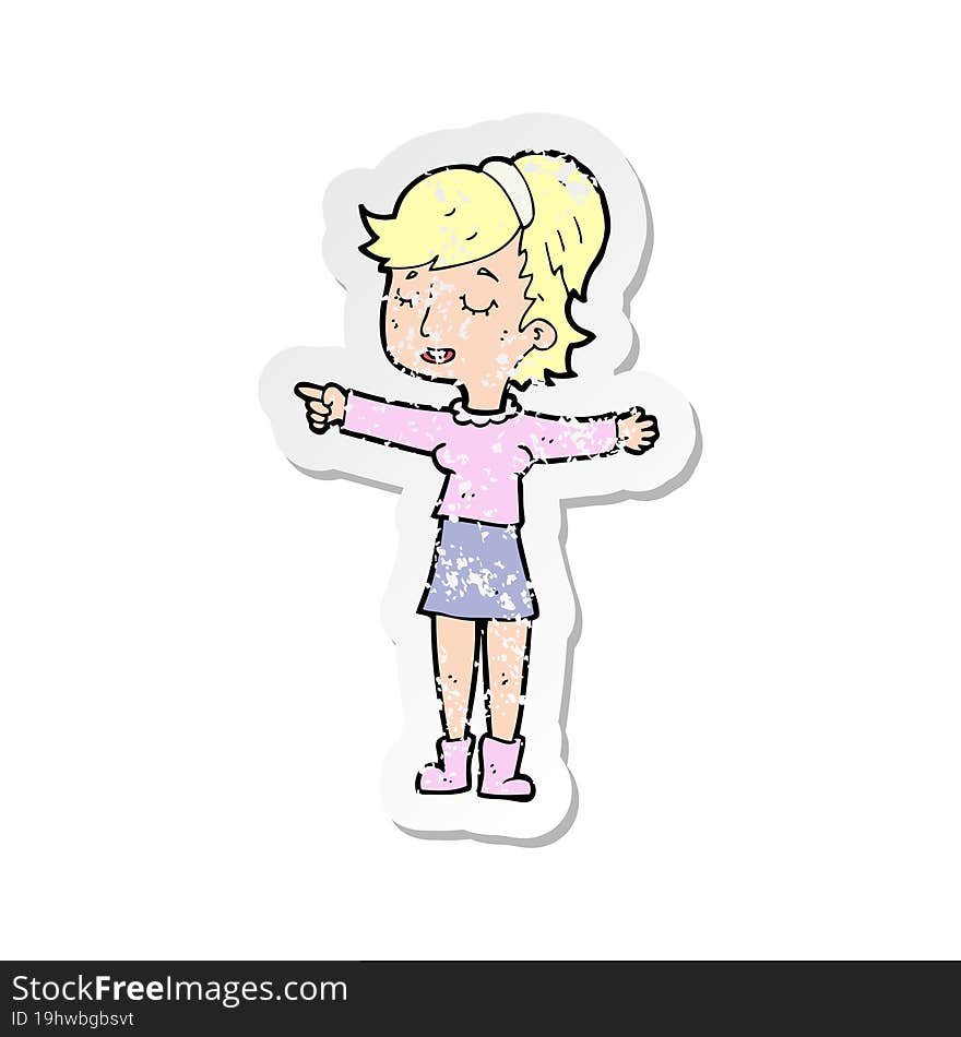 retro distressed sticker of a cartoon happy woman pointing